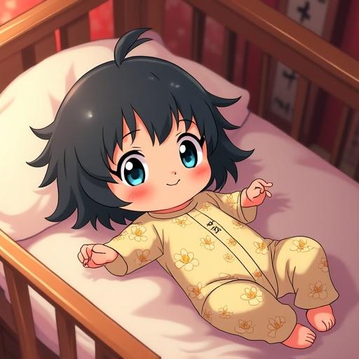 Anime newborn baby girl smiling in crib. One day old with beautiful frosted blue eyes and jet black hair. Wearing golden lotus pajamas. Background shows cherry blossom village with kanji elements.