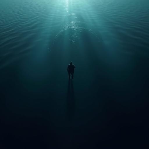 Hyper-realistic aerial shot of a person floating alone in the dark ocean with a faint shadow of an enormous creature below. Water deep blue turning to black. Subtle ripples and light rays from the surface. Atmosphere cold and isolated, evoking dread. Emphasis on scale and fear of the deep.