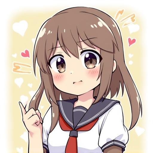Anime character with brown hair and a school uniform. The character has a cheerful expression and is pointing. Background features hearts and sparkles. Illustrative style reminiscent of manga.