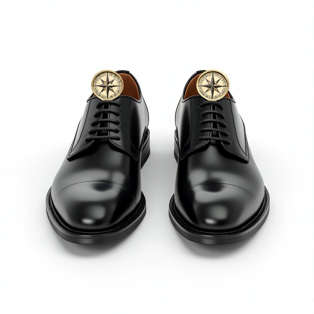 Create a hyper-realistic image of formal black leather shoes with integrated direction compasses at the top edges. Compasses are designed to be functional parts of the shoes. Shoes have detailed textures and polished finishes maintaining a classic formal appearance. Background is plain white for focus on shoes and compasses.