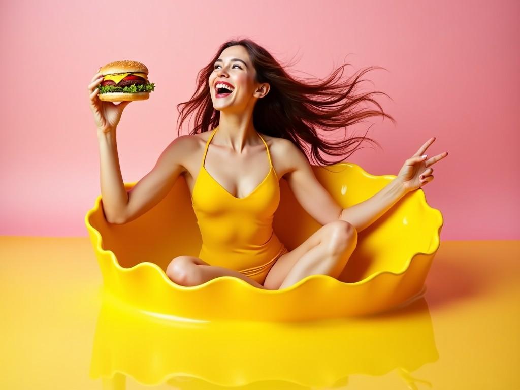 A joyful woman wearing a bright yellow swimsuit is sitting in a splash of yellow liquid, holding a delicious-looking hamburger. Her long hair is flowing in the air, emphasizing the playful mood of the image. The background is pink, creating a vibrant contrast with the yellow. The scene is well-lit, enhancing the bright colors and cheerful expression of the woman. This image perfectly captures a fun and energetic atmosphere, ideal for food-related promotions.