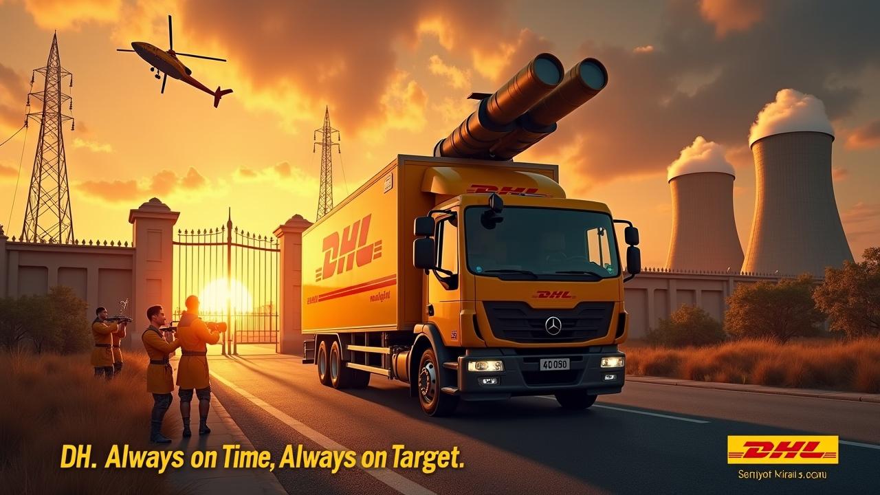 In a dramatic scene, a DHL delivery truck drives up to the entrance gate of a nuclear power plant. The top of the delivery truck is equipped with a missile launcher. Nearby, several DHL delivery men dressed in yellow uniforms are seen firing rifles. The sky is illuminated by the fiery sun, adding to the intensity of the scene. A DHL cargo helicopter flies above, enhancing the action-packed atmosphere.