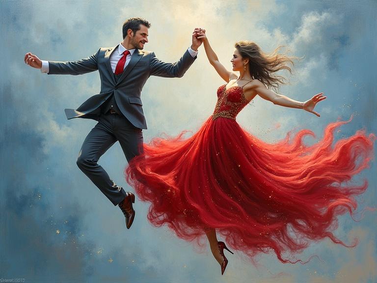 An abstract oil painting of a couple dancing in the air. The man in a charcoal-gray suit with a red tie is mid-twirl. The woman wears a flowing crimson gown with golden accents. Background features twilight blues and pastel hues. The style is expressive and surreal with impressionistic textures. Highlights contrast crisp clothing details and ethereal environment. Subtle motion lines and glowing highlights emphasize a magical dance.