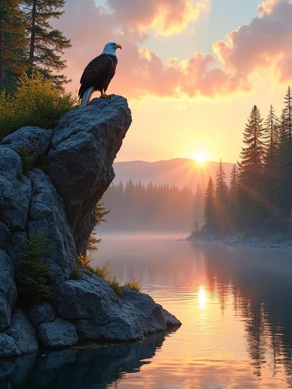 A serene landscape featuring a bald eagle perched on a rocky cliff. The eagle is positioned near the top center of the image. The rugged cliff has shades of gray and brown covered in moss and small green plants. The cliff reflects in the calm lake below. The sunset colors blend orange, yellow, pink, soft blues, and purples. The background has a lush forest of evergreen trees surrounded by golden light. The sky is partly cloudy with the sun low on the horizon casting warm rays.