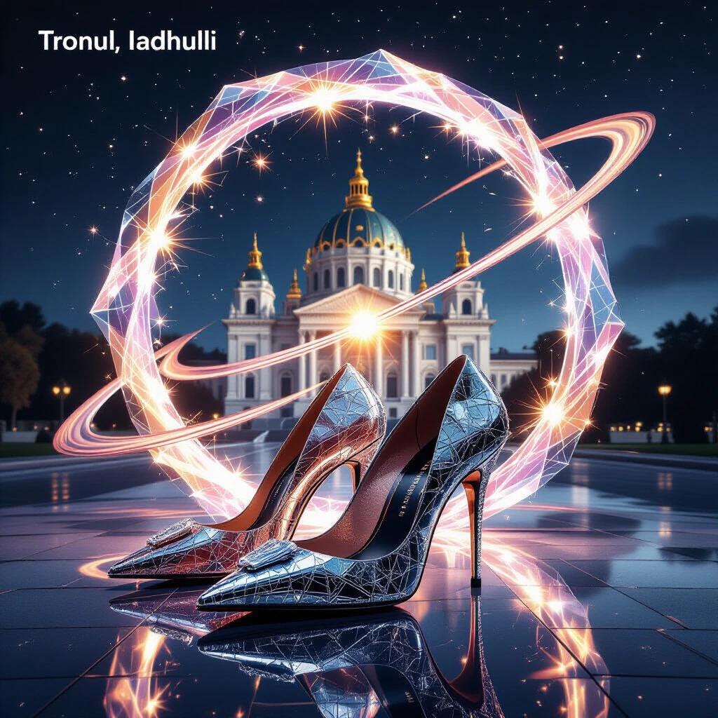 High heels made of fractured crystal in front of a grand palace. Radiating golden light forms a celestial ring. Background features a cosmic aesthetic.