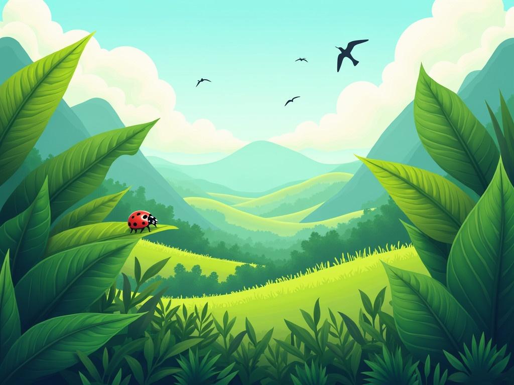 This image depicts a vibrant and lush jungle scene. In the foreground, there are large green leaves and a variety of plants, showcasing different shades of green. A small ladybug can be seen resting on one of the leaves, adding a touch of color. The background features rolling hills and mountains, shrouded in a light mist, suggesting a warm and tropical atmosphere. The sky is bright with fluffy clouds, and a few birds can be seen flying in the distance. Overall, the scene conveys a sense of peace and tranquility within the beauty of nature.