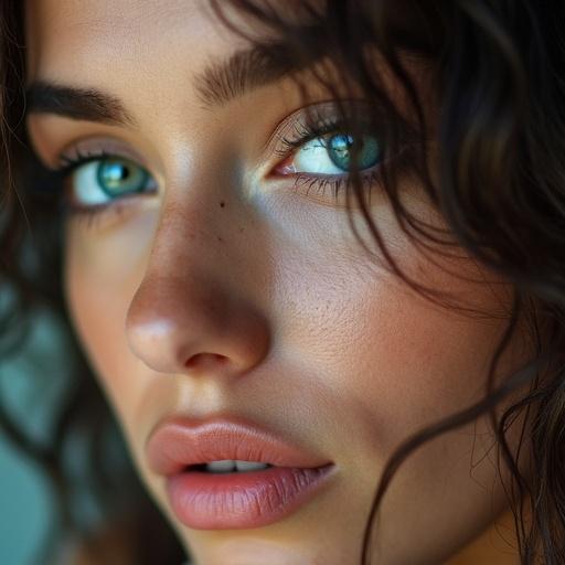 Portrait of a young woman with striking blue eyes and natural makeup. Soft lighting enhances her facial features. The focus is on her expressive eyes and graceful look.