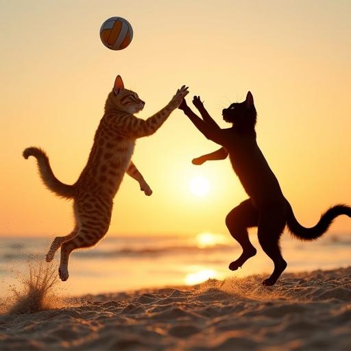 Image of two anthropomorphic cats engaged in a volleyball match. One is a muscular ginger tabby and the other is a sleek black panther. They are playing at sunset on the beach. The ginger cat is mid-spike while the black cat is in a defensive position. Both have swim trunks and are leaping above golden sand. Their tails assist in balance and they display intense concentration through their posture and expression.
