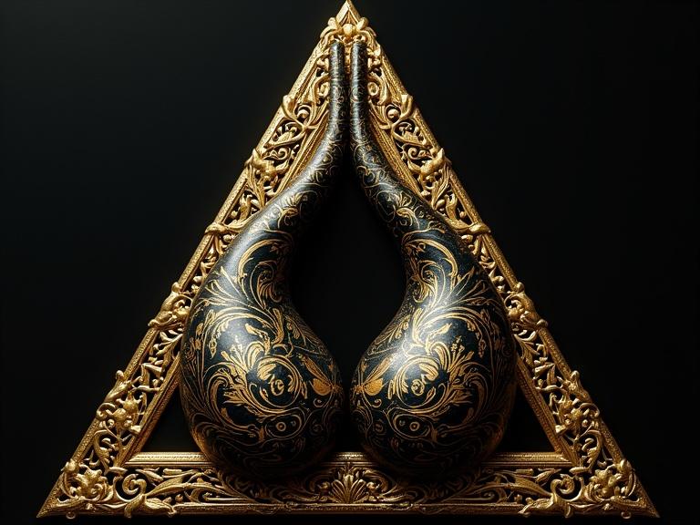 Image of a sculpture featuring a Pubis Triangle. The design combines black and gold with intricate details. The structure looks elegant and phallic.