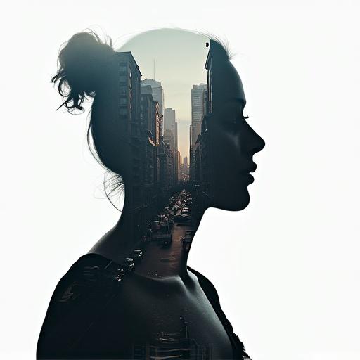 Silhouette profile of a person. Double exposure with a dense urban landscape. Daytime and twilight city view combined.