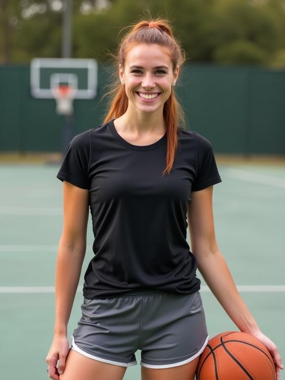 Smiling young woman with auburn hair on basketball court wearing black t-shirt and gray shorts. Athletic and confident posture. Basketball rests beside her. Bright smile shows competitive spirit.