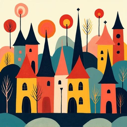 Village scene illustrated in folk art style. Houses have pointy roofs in bright flat colors. Trees resemble lollipops with vibrant colors.