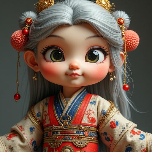 A cute character wearing a traditional outfit with colorful patterns. The character has long flowing hair and is adorned with decorative elements. The outfit features intricate designs and a playful presentation. A warm ambiance surrounds the character.