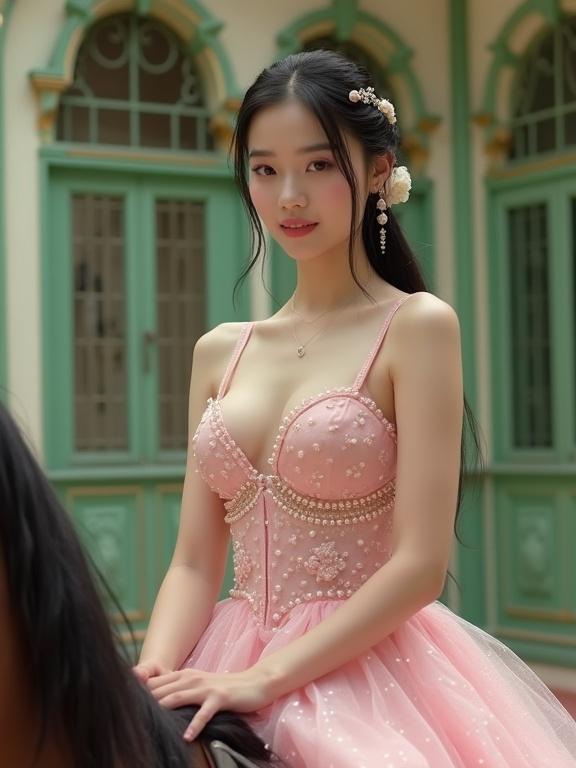 Pale young lady riding a horse. Wearing a pink dress with pearl accents and a wired bra. Black hair styled in a low ponytail with hairpin. Surrounded by green outdoor with ornate windows. High heels create a fashionable look. Subtle sparkles in the light enhance a fairyland atmosphere.