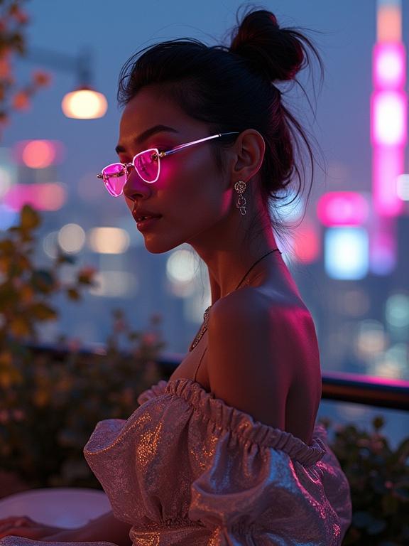 Sophisticated rooftop garden party at night in futuristic cityscape. Central figure is a woman styled with cyberpunk edge. Wears sleek metallic silver attire reflecting ambient neon glows. Accessories include holographic jewelry and LED glasses. Scene captures vibrant neon lights reflecting on surfaces. Mood is chic and mysterious with photorealistic quality.