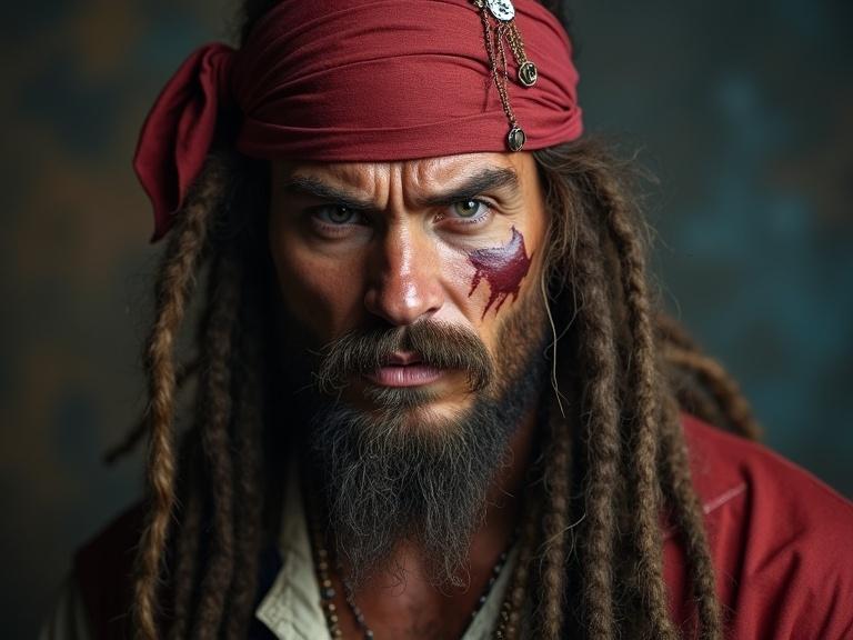Tough pirate wearing a bandana. Scar on the cheek. Intense facial expression with facial tattoos. Dreadlocks hairstyle. Close up portrait style.