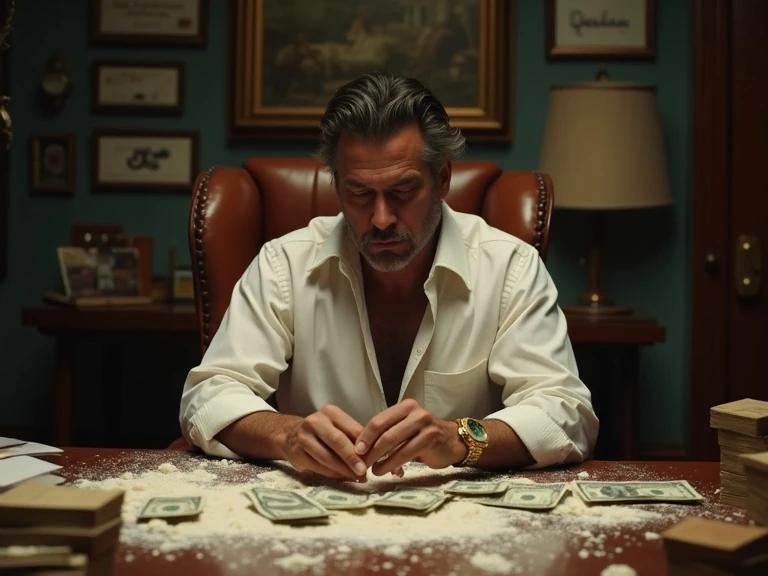 A man sits behind a wooden desk. Leather chair with a serious expression. Desk messy with scattered flour and cash. He counts money. Dressed in wide-collar shirt and gold watch. Slightly unbuttoned shirt. Retro-style office with moody shadows.