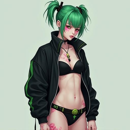 Short-statured character with soft features and pale skin with blue tint. Pink tattoos adorn neck, stomach, and right thigh. Clothes consist of black bra and underwear, black high-collar jacket with green accents, and matching sneakers. Green hair styled in pigtails with dual clips. Subtle cyberware with standout pink and yellow cyberoptics. Photorealistic style.
