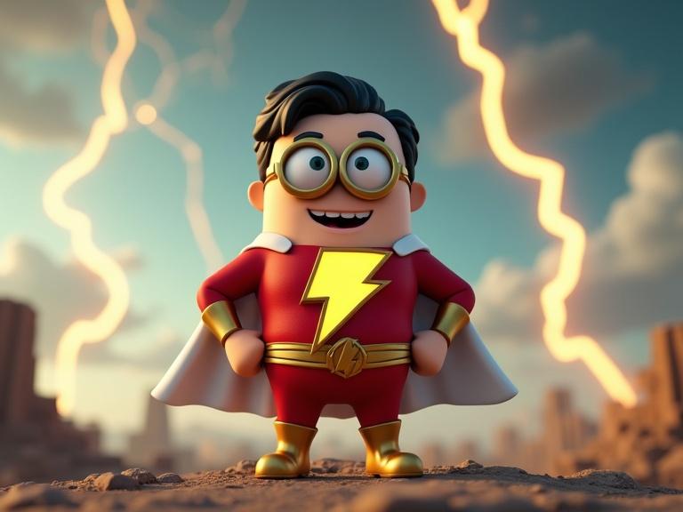 A superhero character in a red suit with a gold lightning bolt and white cape stands on a temple ruin. Thunderstorm rages in the background. The character looks powerful in a 3D cartoon style.
