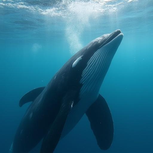 Underwater view of a humpback whale swimming in clear blue waters in Alaska. Whale is depicted approaching from below with sunlight filtering through the surface.