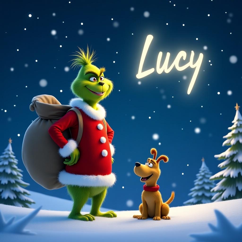 A smiling Pixar themed Grinch stands in a snowy landscape. He is writing the name 'Lucy' in the night sky with a magical light. Dressed in a festive red suit with white trim, he carries a large bag on his back. Next to him is his cheerful companion, the dog Max. The backdrop features a starry night sky filled with sparkling stars. Snowflakes gently fall, enhancing the holiday ambiance, alongside beautiful pine trees.