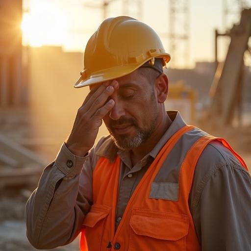 Candid photo of construction worker wiping sweat from forehead. Sun beating down creates a dusty atmosphere. Shot from a low angle.