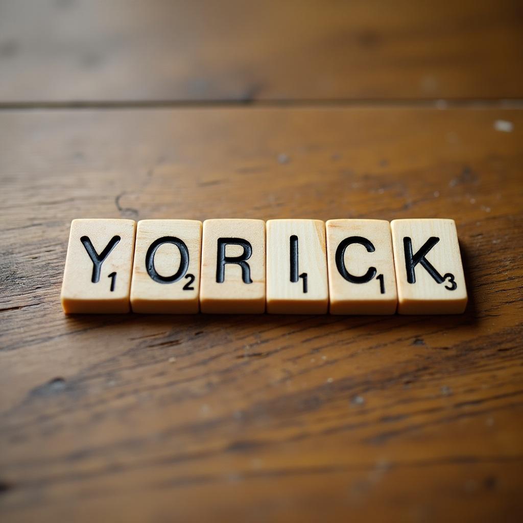 Scrabble tiles arranged to spell Yorick. Tiles placed on a wooden surface. Tiles in clear view without obstruction.