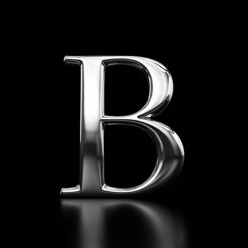 Iconic letter B shown in chrome plating. Background is completely black. Letter lacks serifs. Illumination comes from spotlights creating reflections.