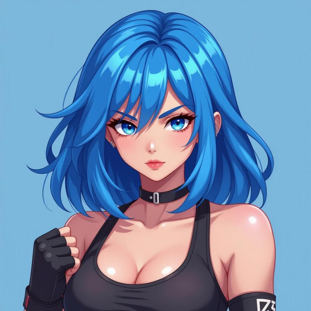 2D girl with blue hair in fighting outfit. Confident expression. Designed for a fighting game.