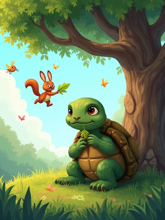 Cartoon style image featuring a turtle named Theo calmly chewing on a leaf under a tree. Lively rabbit in motion, cheerful birds around, and hyper squirrel jumping. Soft tones for the turtle contrasting with vibrant colors of the animals. Serene background with butterflies, depicting a contrast between chaos and calm in the forest.