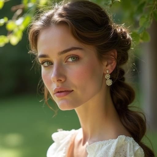 A poetess in a garden. She has milkmaid braids. Floral enamel earrings are visible. Soft natural light casts dappled shadows. Captures a romantic ambiance.