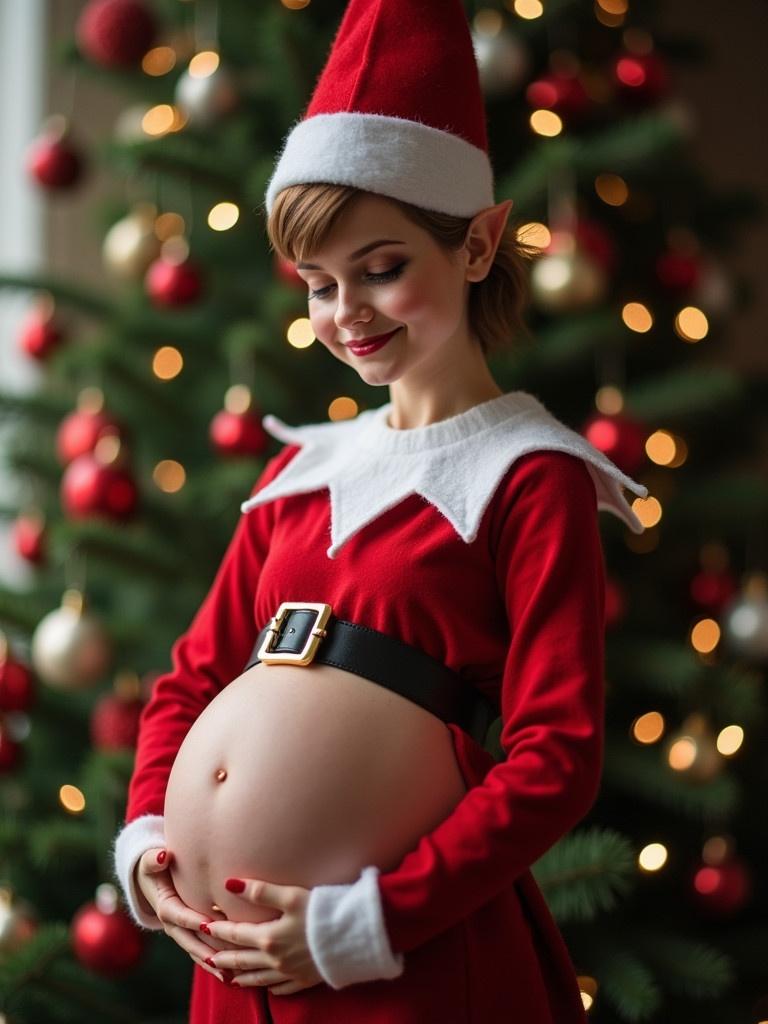 Pregnant woman in an elf costume holding her belly. The background features a Christmas tree decorated with ornaments and lights. Red and green theme dominates the scene.