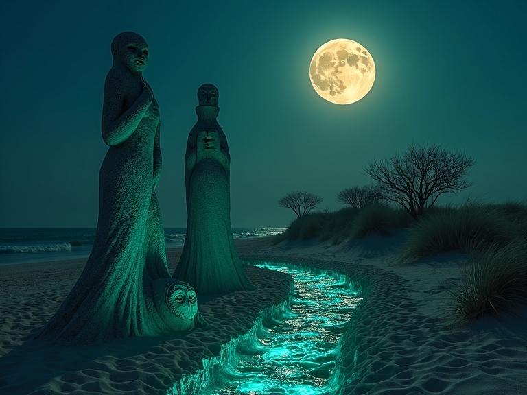 Ultrarealistic scene depicting a nude woman sculpture on a beach at midnight. Surrounding sculptures and a bioluminescent stream highlight a Persian garden with twisted topiaries and poisonous blooms. Abandoned relics include a cracked water channel spilling black liquid. A glowing moon embodies a Faravahar symbol and casts shadows in the scene. Style combines realism and surrealism.