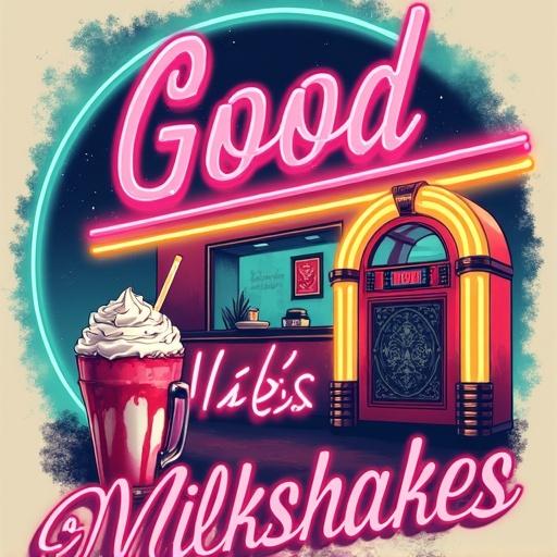 A retro diner-inspired t-shirt design with a vibrant neon sign featuring a milkshake and jukebox. Text 'Good Vibes & Milkshakes' in bold, retro font. Centered with a transparent background and distressed texture. High-resolution for cream-colored t-shirt printing.