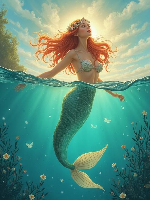A captivating illustration of a mermaid emerging from clear turquoise water. The mermaid has long flowing red hair adorned with flowers. She is wearing a seashell top. The background features a serene water setting with soft clouds and sunlight enhancing a magical atmosphere. The design emphasizes beauty and tranquility without showing facial details.