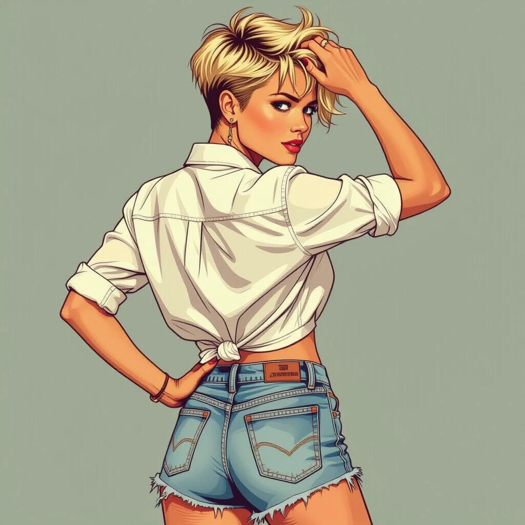 Comic-style illustration of a young woman seen from behind. Woman wears an unbuttoned white shirt knotted at the waist. She has faded ripped denim shorts. One hand on hip other hand running through hair. Hair is short punk style on one side and shaggy crew cut on the other. Woman gazes confidently over shoulder.
