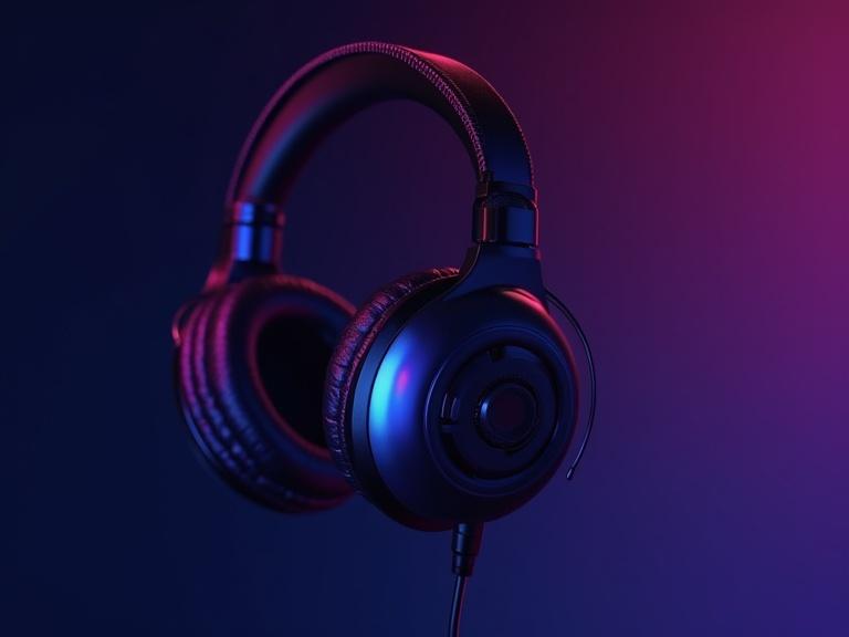 Headphones presented in a colorful setting. Background features a digital gradient blend of light navy and dark magenta. Stylish and modern design.