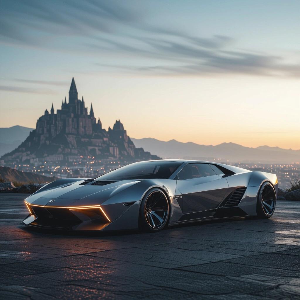 Futuristic low rider car parked in an epic mountainous landscape. The car has an angular design and dual tone colors. The background features a castle-like structure and sunset lighting creates a magical atmosphere.
