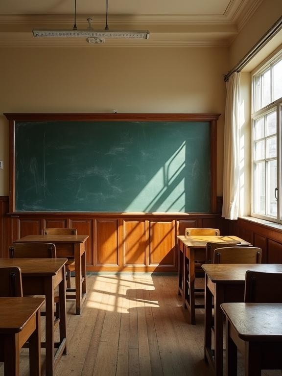 Empty traditional classroom with old-fashioned desks and blackboard. Natural lighting streams through windows. Photorealistic architectural photography captures warm nostalgic tones. Symbolic imagery present.