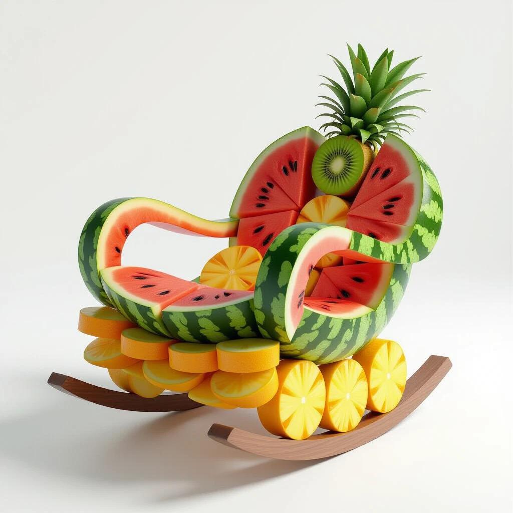 Conceptual rocking chair designed from fruit slices including watermelon kiwi and pineapple arranged for ergonomic comfort in a photorealistic style against a seamless white background.