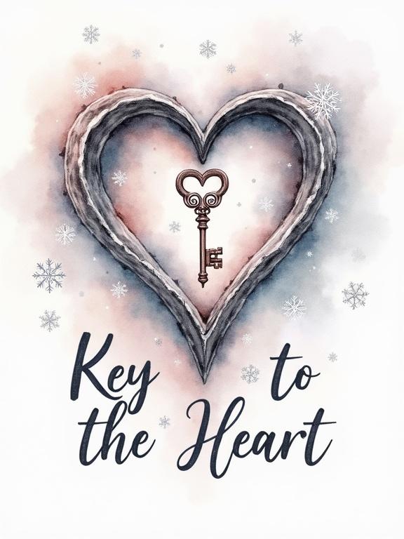 Close-up watercolor illustration of a heart-shaped keyhole with a filigree key. Snowflakes fall around the design. The text 'Key to the Heart' is elegantly scripted. Colors include silvery-gray, blush pink, and icy blue. The overall mood is romantic and tender.