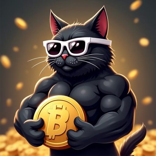 Meme coin cartoon with a black cat. Cat has a muscular build. Cat wearing white sunglasses. Cat holding a large pot of gold. Crypto-themed background filled with coins.