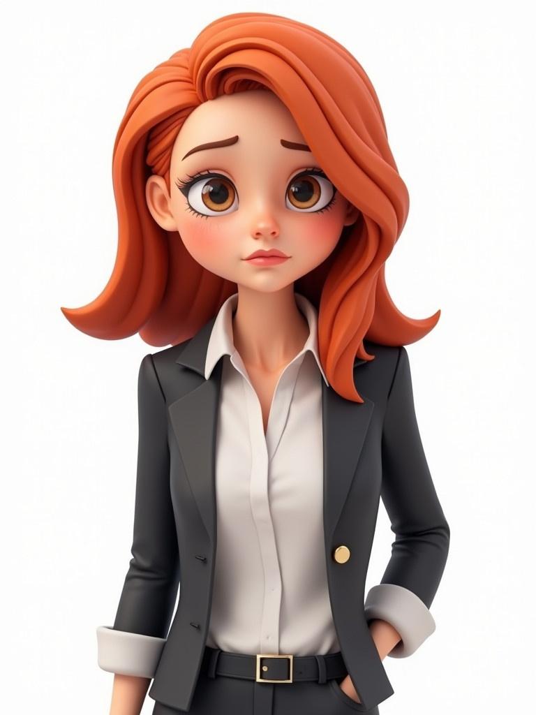 A cartoon character of a young woman with red shoulder-length hair. She appears sad and is wearing stylish business clothing. Background is plain white. The character is designed in a realistic 3D style. She conveys dynamic energy and modern aesthetic. The image should show her until the torso.