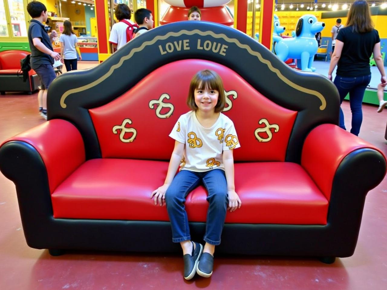 The image shows a vibrant indoor amusement park scene. In the center, there is a large, red and black sofa designed with a playful style. A child is sitting on the sofa, wearing a white shirt with pretzel designs. The child seems to be in a relaxed pose, hands resting on their knees. Behind the sofa, there are colorful attractions and decorations, including a blue cartoon dog figure. Other visitors can be seen in the background, enjoying the amusement park. The environment is bright, cheerful, and full of fun elements, making it an ideal place for children.