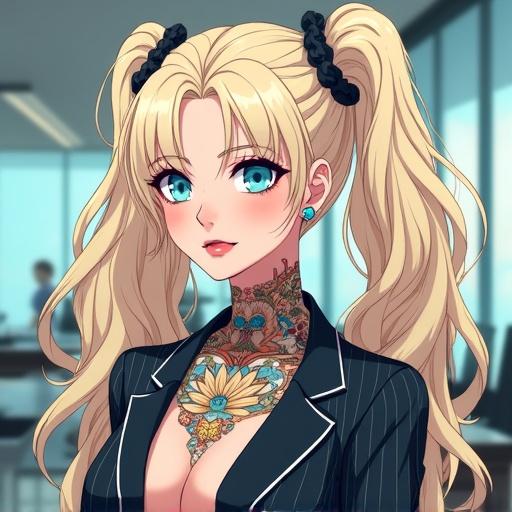The scene features a beautiful woman with light blonde pigtails in a modern boardroom. She emerges as a character with colorful tattoos on her arms, showcasing traditional Japanese designs. Dressed in a pinstriped office outfit, she carries a confident professional aura, illuminated by bright indoor lighting.