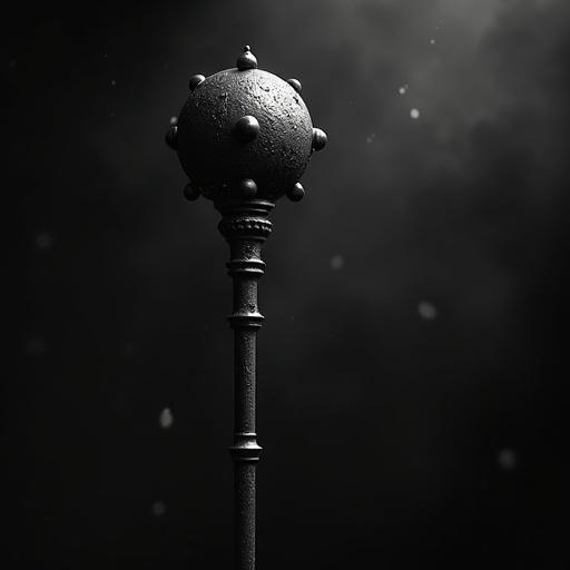 Image of a mace with a sturdy handle and a spherical flanged head made of polished metal. Creates a mystical atmosphere with a black silhouette.