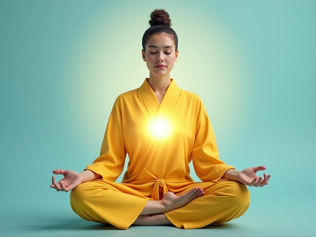 The image shows a person sitting in a meditative pose. They are wearing a vibrant yellow robe that symbolizes peace and serenity. The background is a soft, calming blue that enhances the feeling of tranquility. A radiant light is emanating from the person's heart area, creating a glowing effect that conveys a sense of inner harmony. Their hands are gently positioned, one hand resting in their lap and the other held up with fingers forming a mudra, which represents meditation. The atmosphere feels soothing and spiritual, inviting viewers to experience a sense of calm and mindfulness.
