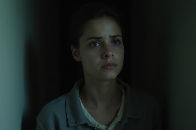 A young woman stands in a dimly lit room. Eyes filled with worry. A sense of isolation in a narrow space. Lighting is muted and soft.