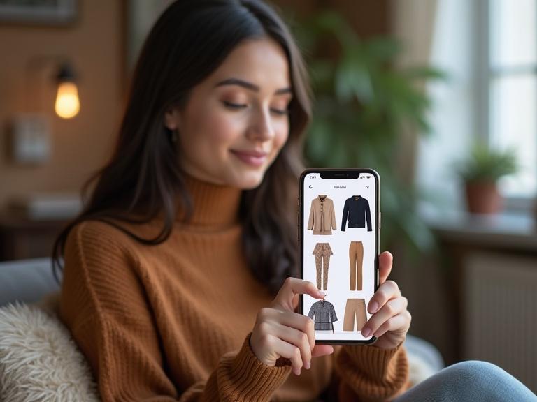 Photorealistic vertical image of a young person using a fashion app on a smartphone within a modern cozy interior environment. The smartphone screen features outfit suggestions. There is soft natural light creating a lifestyle atmosphere.