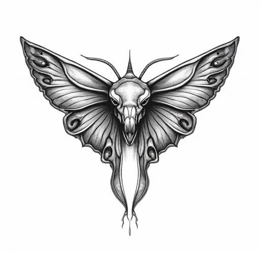 High-detail professional black line tattoo design for sternum placement under the breasts. Central figure is a realistic viper head viewed from the front. Broad triangular shape flat skull with defined brow ridges slit-pupil eyes closed mouth with visible fangs. Surface decorated with textured scales and mystical third eye on the forehead. Downward-curving moth wings extend from both sides of the viper's head. Wings detailed with flowing linework and eye-shaped patterns resembling protective symbols. Inspired by traditional Japanese and Chinese woodblock prints with precise elegant lines. Serious mystical timeless design no cartoonish features and refined linework.